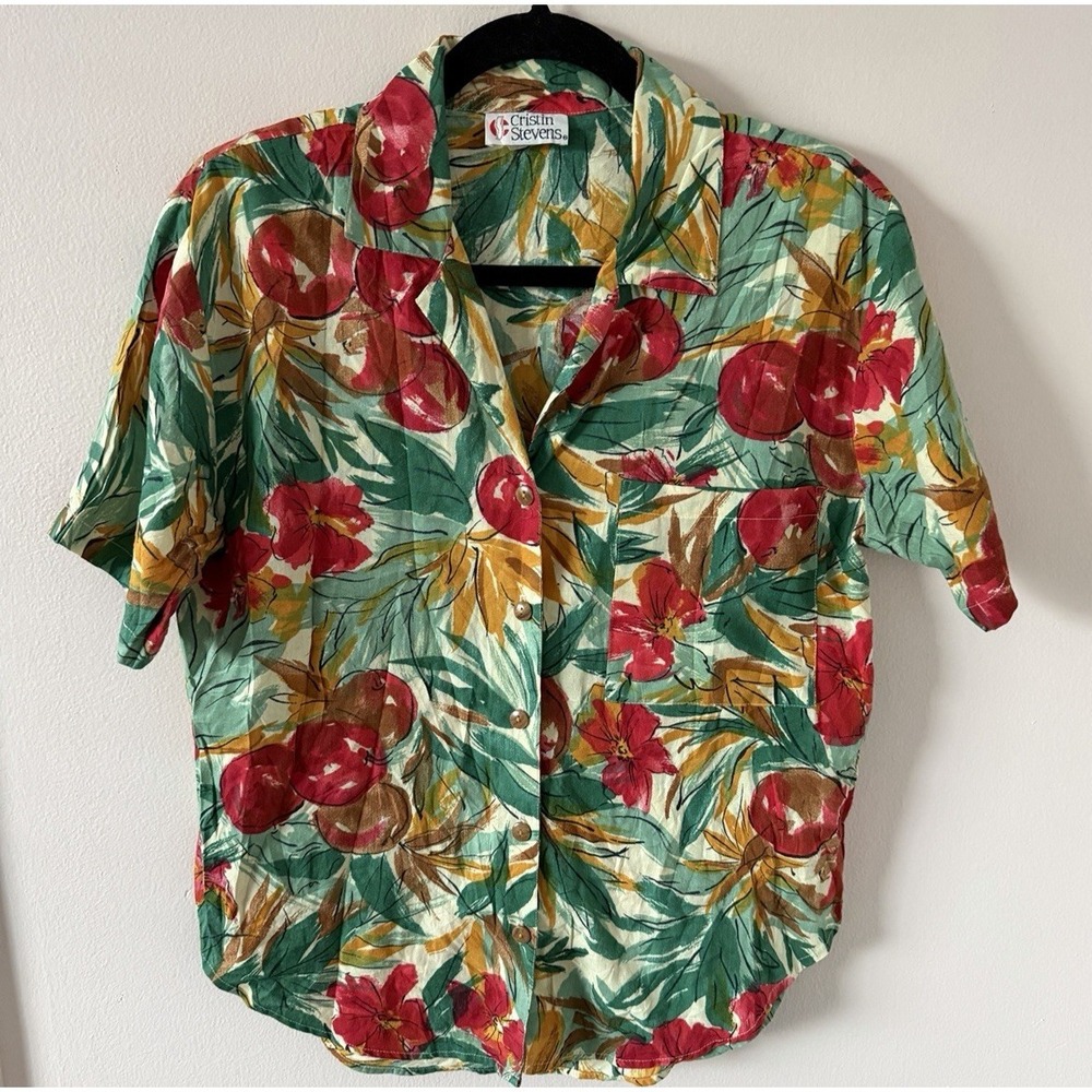 Vintage Cristin Stevens Floral Blouse M Button Down Shirt Shoulder‎ Pads